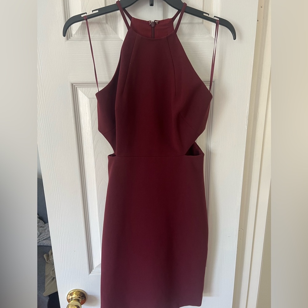 Intermix bodycon style halter dress with cut outs in Burgundy